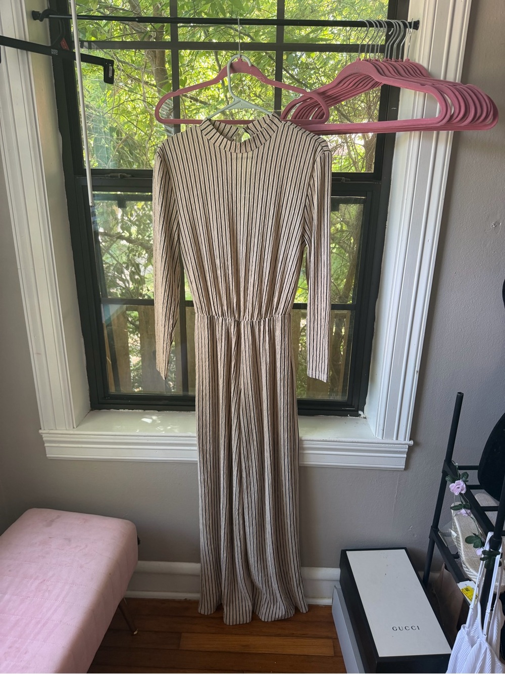 Women's Long Sleeve Striped Maxi Dress - Beige